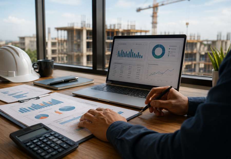 Consultoria UAU para construtora analisando dashboard de obras e financeiro